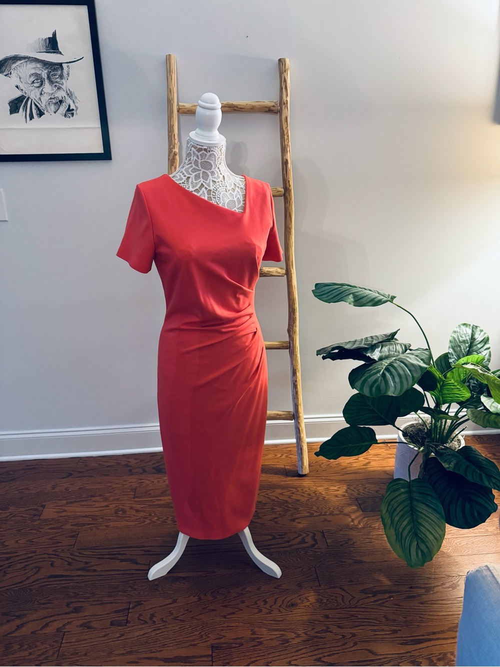 Brooks Brothers Coral Midi Dress with Asymmetric Neckline